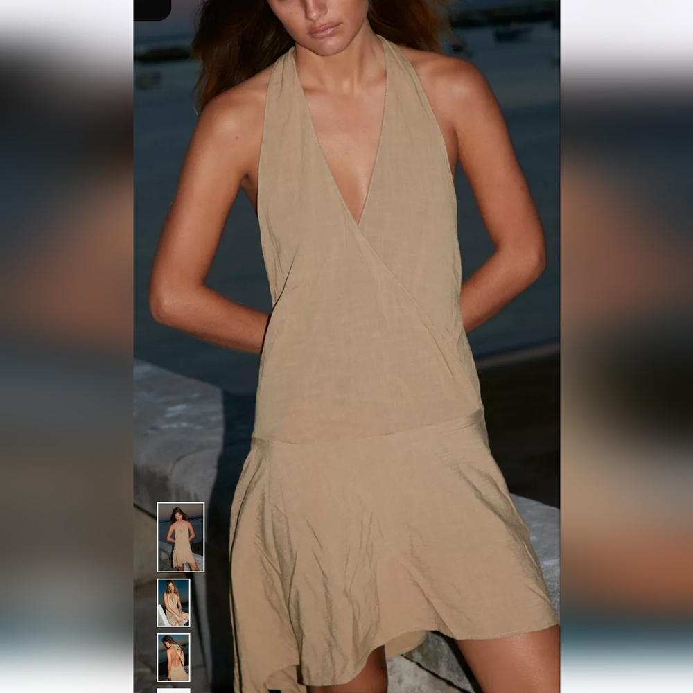 Zara Beige Brown Mini Dress Halter Neck Medium